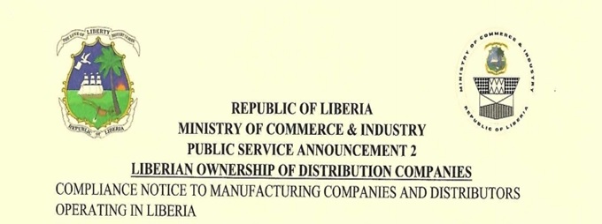 ANNOUNCEMENT: COMPLIANCE NOTICE TO MANUFACTURING COMPANIES AND DISTRIBUTORS OPERATION IN LIBERIA ANNOUNCEMENT: COMPLIANCE NOTICE TO MANUFACTURING COMPANIES AND DISTRIBUTORS OPERATION IN LIBERIA